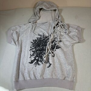 L.A.M.B. Short Sleeve Hooded Tee in Light Gray with Black Floral Print